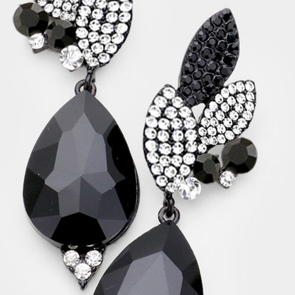 Jet Black Leaf Teardrop Crystal Dangle Earrings Fashion Statement Accessory - Picture 2 of 2